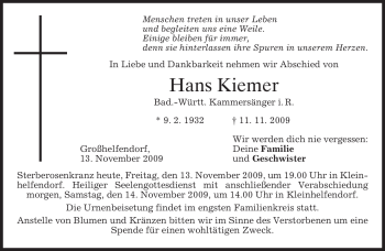 Todesanzeige von Hans Kiemer von MERKUR & TZ