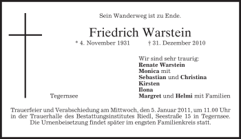 Todesanzeige von Friedrich Warstein von MERKUR & TZ