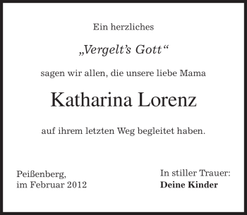 Todesanzeige von Katharina Lorenz von MERKUR & TZ