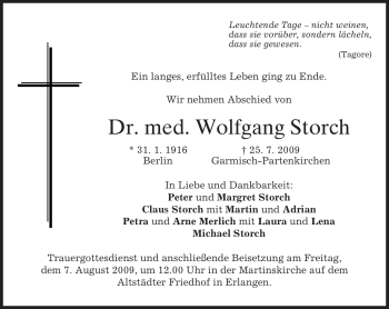 Todesanzeige von Wolfgang Storch von MERKUR & TZ