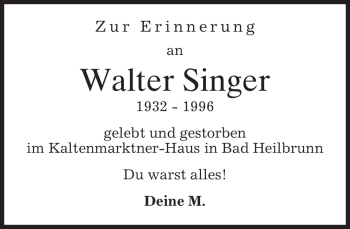 Todesanzeige von Walter Singer von MERKUR & TZ