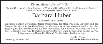 Todesanzeige von Barbara Huber von MERKUR & TZ