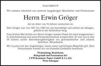 Todesanzeige von Erwin Gröger von MERKUR & TZ