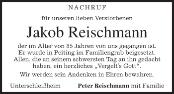 Todesanzeige von Jakob Reischmann von merkurtz