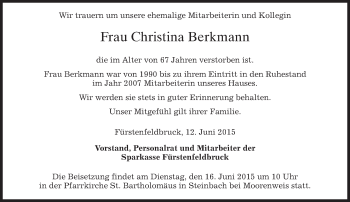 Todesanzeige von Christina Berkmann von merkurtz