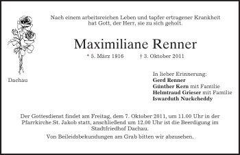 Todesanzeige von Maximiliane Renner von MERKUR & TZ