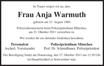 Todesanzeige von Anja Warmuth von MERKUR & TZ