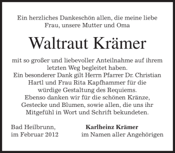 Todesanzeige von Waltraut Krämer von MERKUR & TZ