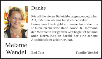 Todesanzeige von Melanie Wendel von MERKUR & TZ