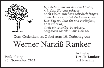 Todesanzeige von Werner Narziß Ranker von MERKUR & TZ