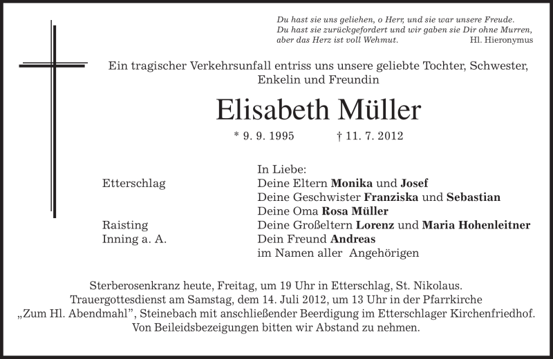  Traueranzeige für Elisabeth Müller vom 13.07.2012 aus MERKUR & TZ