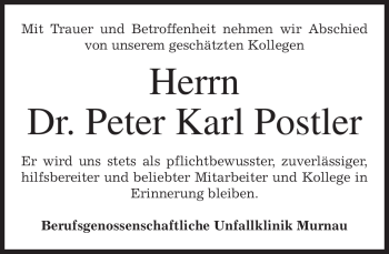 Todesanzeige von Peter Karl Postler von MERKUR & TZ