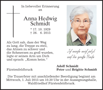 Todesanzeige von Anna Hedwig Schmidt von merkurtz