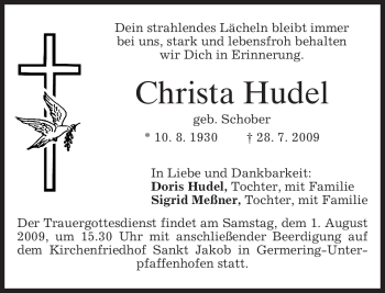 Todesanzeige von Christa Hudel von MERKUR & TZ