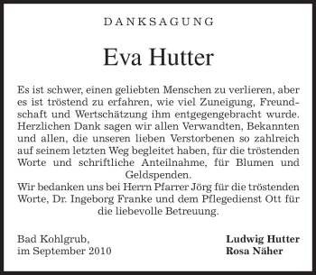 Todesanzeige von Eva Hutter von MERKUR & TZ