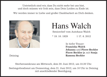 Todesanzeige von Hans Walch von MERKUR & TZ