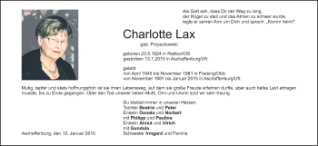 Todesanzeige von Charlotte Lax von merkurtz