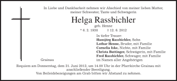 Todesanzeige von Helga Rassbichler von MERKUR & TZ