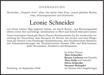 Todesanzeige von Leonie Schneider von MERKUR & TZ