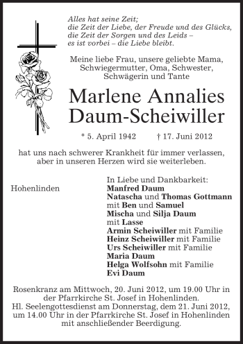 Todesanzeige von Marlene Annalies Daum-Scheiwiller von MERKUR & TZ