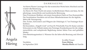 Todesanzeige von Angela Häring von MERKUR & TZ