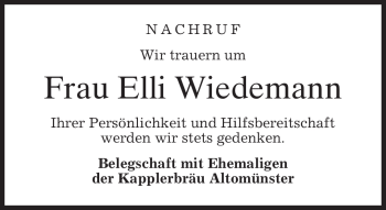 Todesanzeige von Elli Wiedemann von MERKUR & TZ