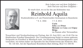 Todesanzeige von Reinhold Aquila von MERKUR & TZ