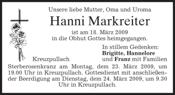 Todesanzeige von Hanni Markreiter von MERKUR & TZ