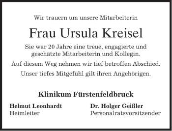 Todesanzeige von Ursula Kreisel von MERKUR & TZ