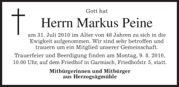 Todesanzeige von Markus Peine von MERKUR & TZ