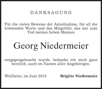 Todesanzeige von Georg Niedermeier von MERKUR & TZ