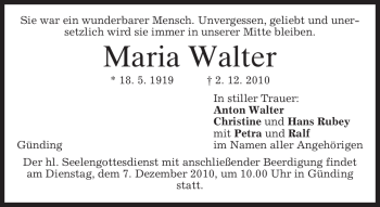 Todesanzeige von Maria Walter von MERKUR & TZ