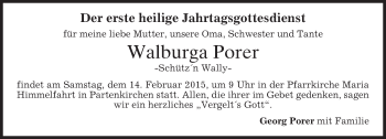 Todesanzeige von Walburga Porer von merkurtz
