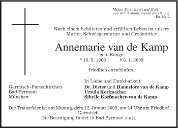 Todesanzeige von Annemarie van de Kamp von MERKUR & TZ