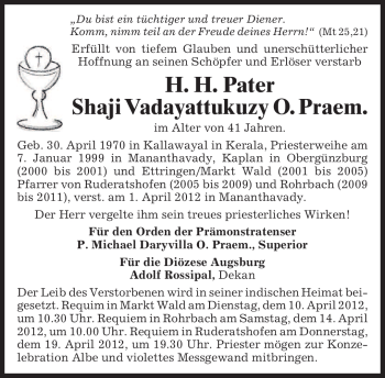Todesanzeige von Shaji Vadayattukuzy von MERKUR & TZ