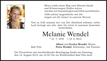 Todesanzeige von Melanie Wendel von MERKUR & TZ