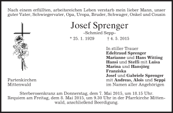 Todesanzeige von Josef Sprenger von merkurtz