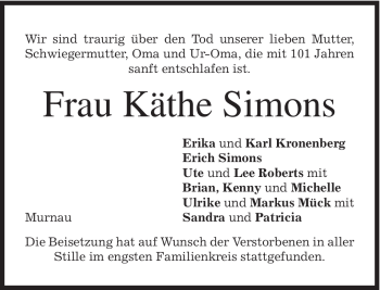 Todesanzeige von Käthe Simons von MERKUR & TZ