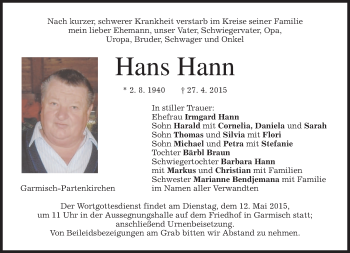 Todesanzeige von Hans Hann von merkurtz