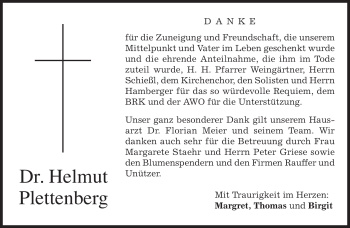 Todesanzeige von Helmut Plettenberg von MERKUR & TZ