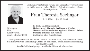 Todesanzeige von Theresia Seelinger von MERKUR & TZ