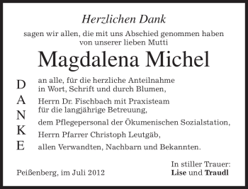 Todesanzeige von Magdalena Michel von MERKUR & TZ