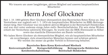 Todesanzeige von Josef Glockner von MERKUR & TZ