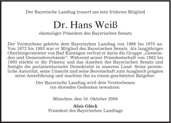 Todesanzeige von Hans Weiß von MERKUR & TZ