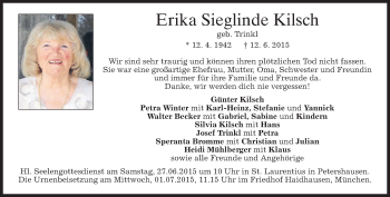 Todesanzeige von Erika Sieglinde Kilsch von merkurtz