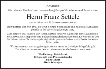 Todesanzeige von Franz Settele von MERKUR & TZ