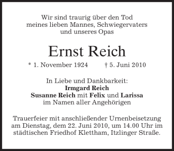 Todesanzeige von Ernst Reich von MERKUR & TZ