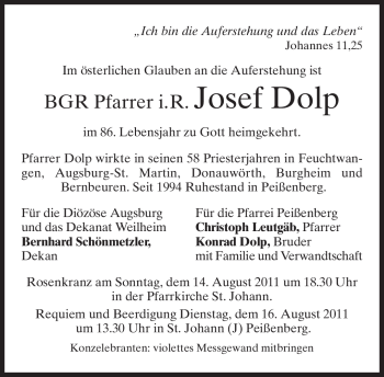 Todesanzeige von Josef Dolp von MERKUR & TZ