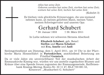 Todesanzeige von Gerhard Schubert von MERKUR & TZ