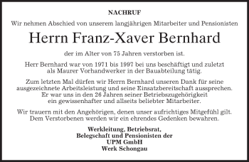 Todesanzeige von Franz-Xaver Bernhard von merkurtz
